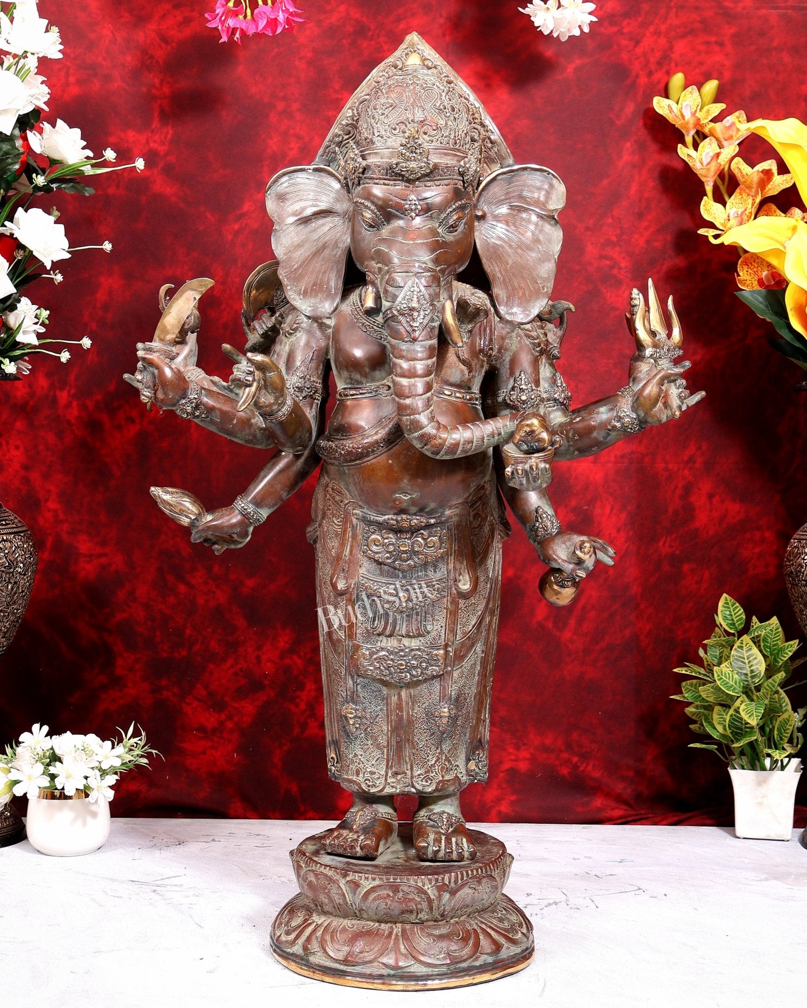 Balinese Bronze Large 10-Armed Standing Ganesha Statue | 37 Inch Grand Temple Sculpture - Budhshiv.com