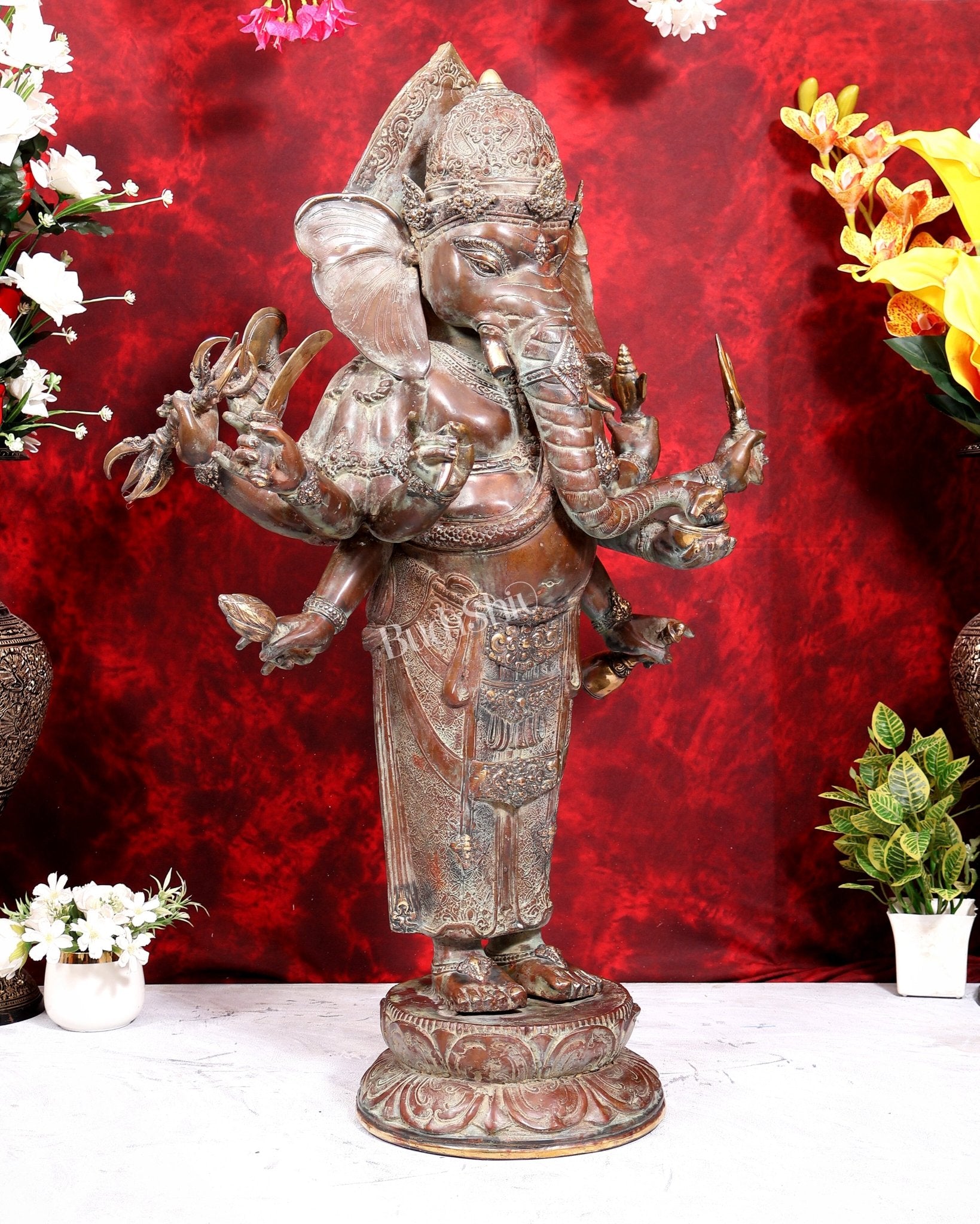 Balinese Bronze Large 10-Armed Standing Ganesha Statue | 37 Inch Grand Temple Sculpture - Budhshiv.com
