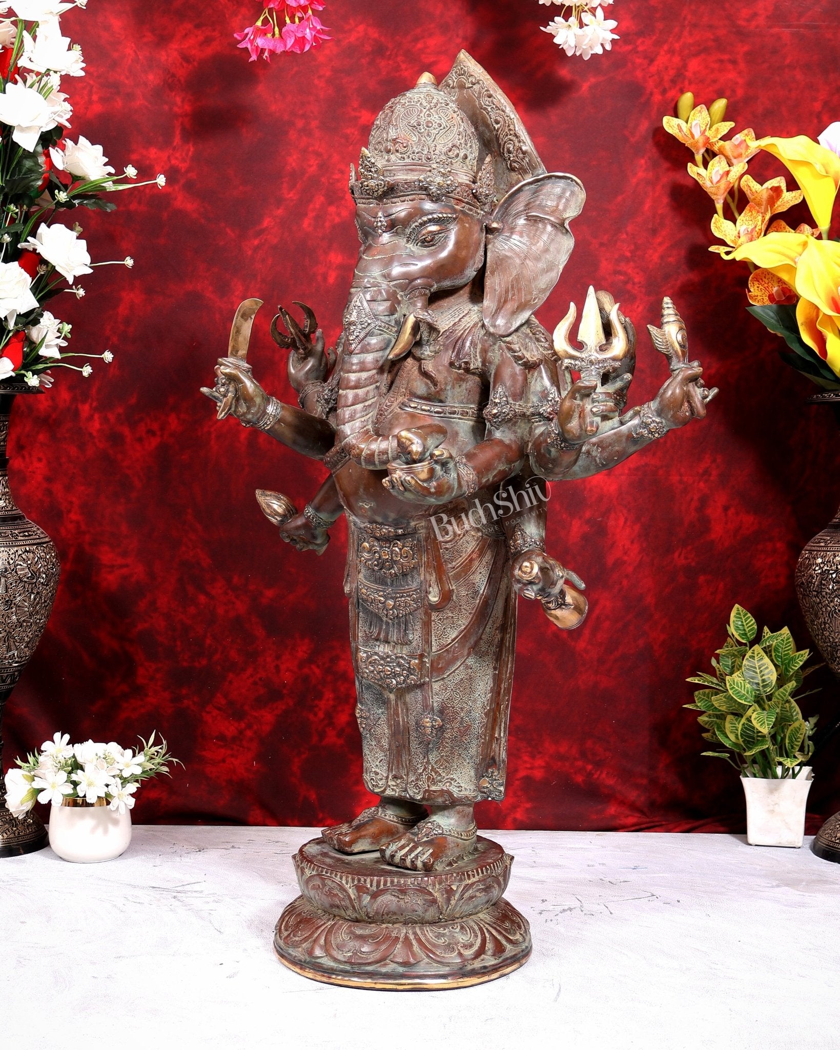 Balinese Bronze Large 10-Armed Standing Ganesha Statue | 37 Inch Grand Temple Sculpture - Budhshiv.com