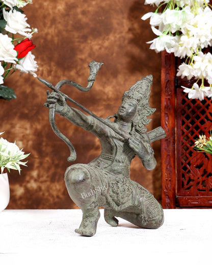Balinese Bronze Lord Ram Final Arrow Sculpture | Kneeling Rama Defeating Ravana | Handcrafted Bronze Statue 10 inch - Budhshiv.com