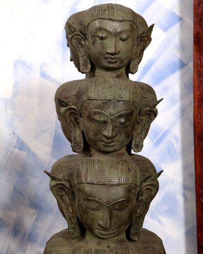Balinese Bronze Multiple Mahasadashiv Faces Sculpture on Wooden & Metallic Rib Stand – Lost Wax Casting Masterpiece 46 inch - Budhshiv.com