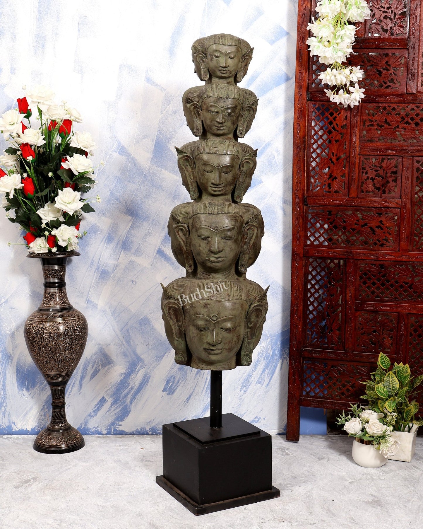 Balinese Bronze Multiple Mahasadashiv Faces Sculpture on Wooden & Metallic Rib Stand – Lost Wax Casting Masterpiece 46 inch - Budhshiv.com