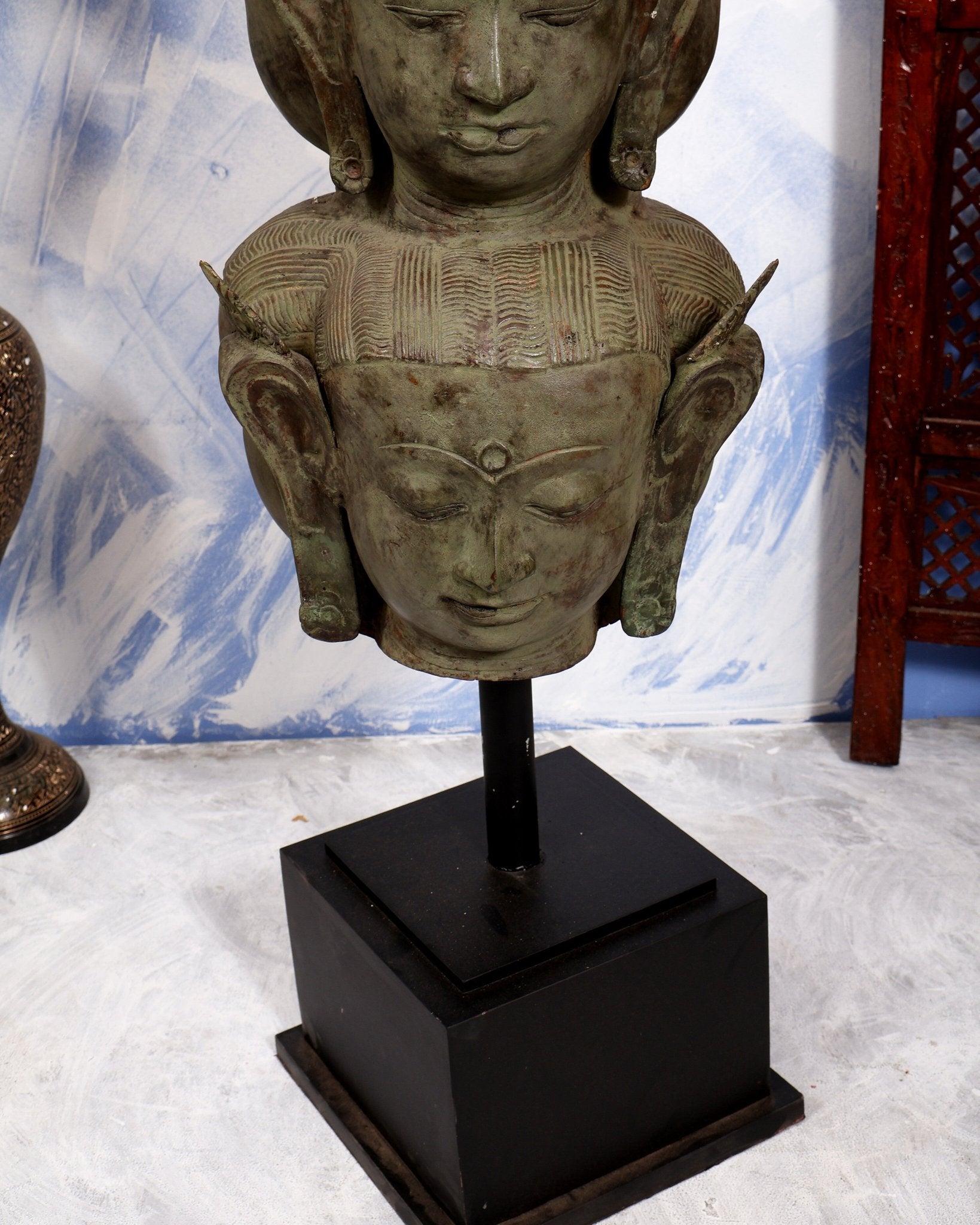 Balinese Bronze Multiple Mahasadashiv Faces Sculpture on Wooden & Metallic Rib Stand – Lost Wax Casting Masterpiece 46 inch - Budhshiv.com