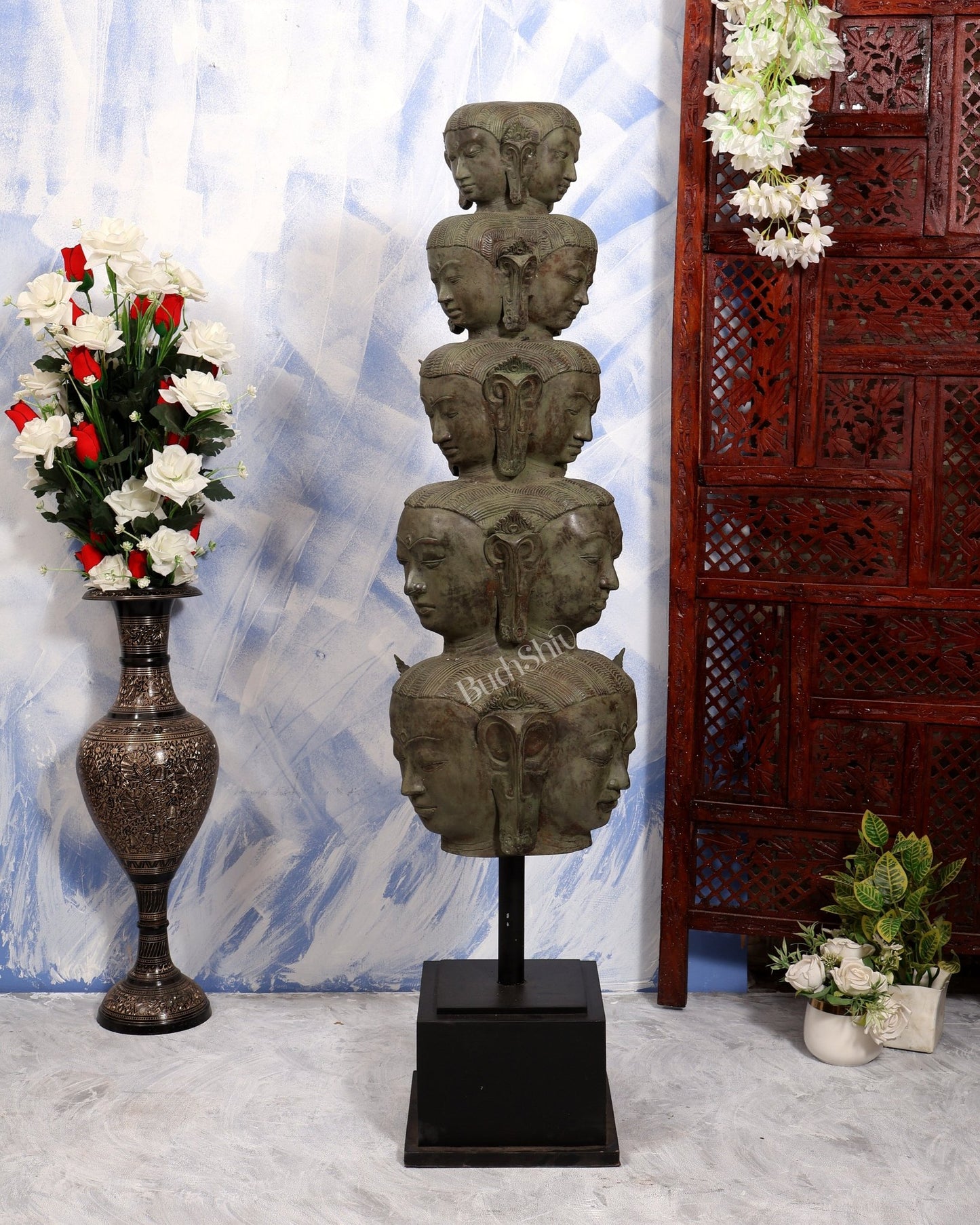 Balinese Bronze Multiple Mahasadashiv Faces Sculpture on Wooden & Metallic Rib Stand – Lost Wax Casting Masterpiece 46 inch - Budhshiv.com