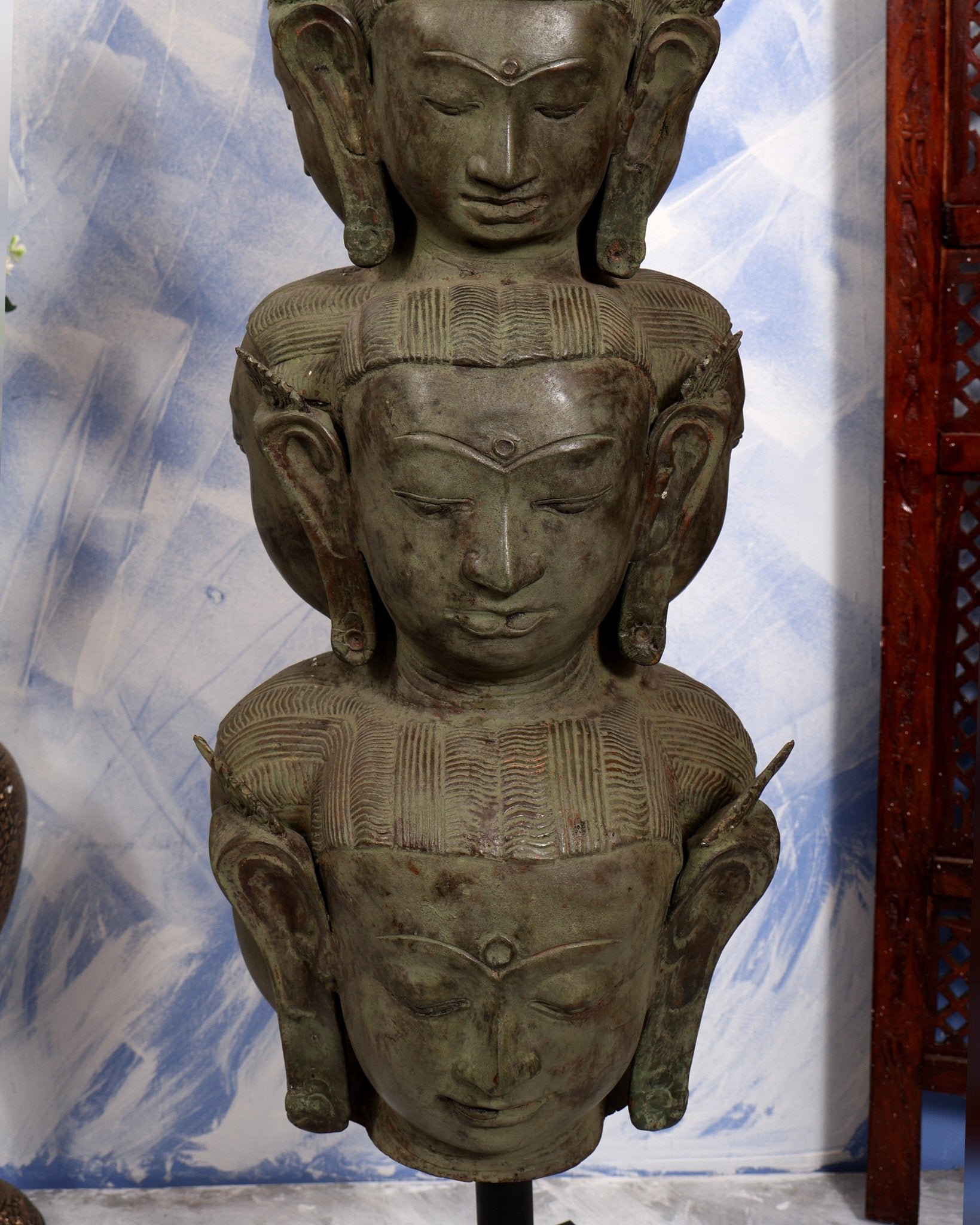 Balinese Bronze Multiple Mahasadashiv Faces Sculpture on Wooden & Metallic Rib Stand – Lost Wax Casting Masterpiece 46 inch - Budhshiv.com