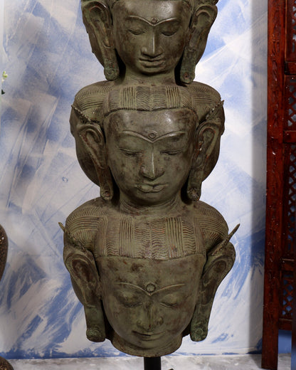 Balinese Bronze Multiple Mahasadashiv Faces Sculpture on Wooden & Metallic Rib Stand – Lost Wax Casting Masterpiece 46 inch - Budhshiv.com