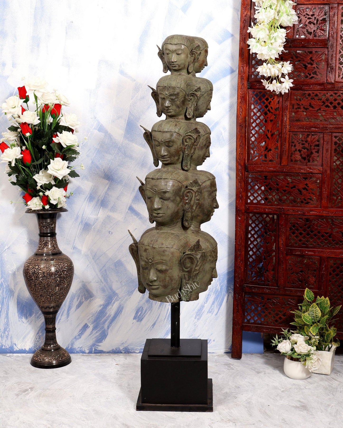 Balinese Bronze Multiple Mahasadashiv Faces Sculpture on Wooden & Metallic Rib Stand – Lost Wax Casting Masterpiece 46 inch - Budhshiv.com