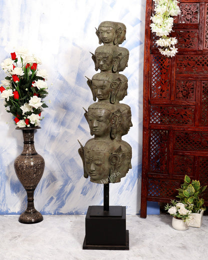 Balinese Bronze Multiple Mahasadashiv Faces Sculpture on Wooden & Metallic Rib Stand – Lost Wax Casting Masterpiece 46 inch - Budhshiv.com