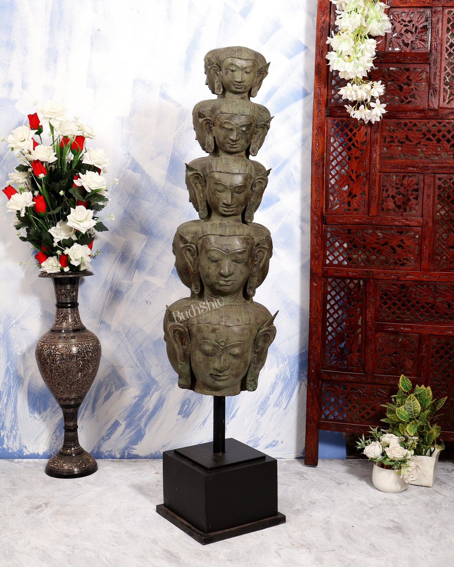 Balinese Bronze Multiple Mahasadashiv Faces Sculpture on Wooden & Metallic Rib Stand – Lost Wax Casting Masterpiece 46 inch - Budhshiv.com