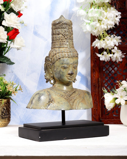 Balinese Bronze Parvati Bust Face Head Statue on Wooden & Metallic Rib Base – Earthen Sand Finish - Budhshiv.com