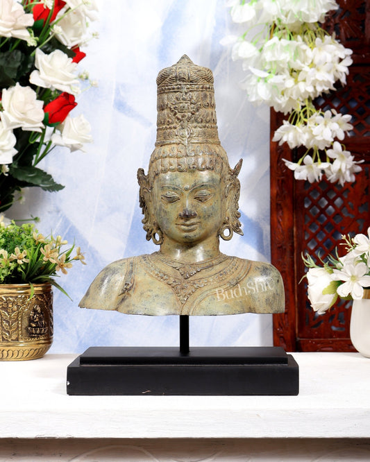 Balinese Bronze Parvati Bust Face Head Statue on Wooden & Metallic Rib Base – Earthen Sand Finish - Budhshiv.com