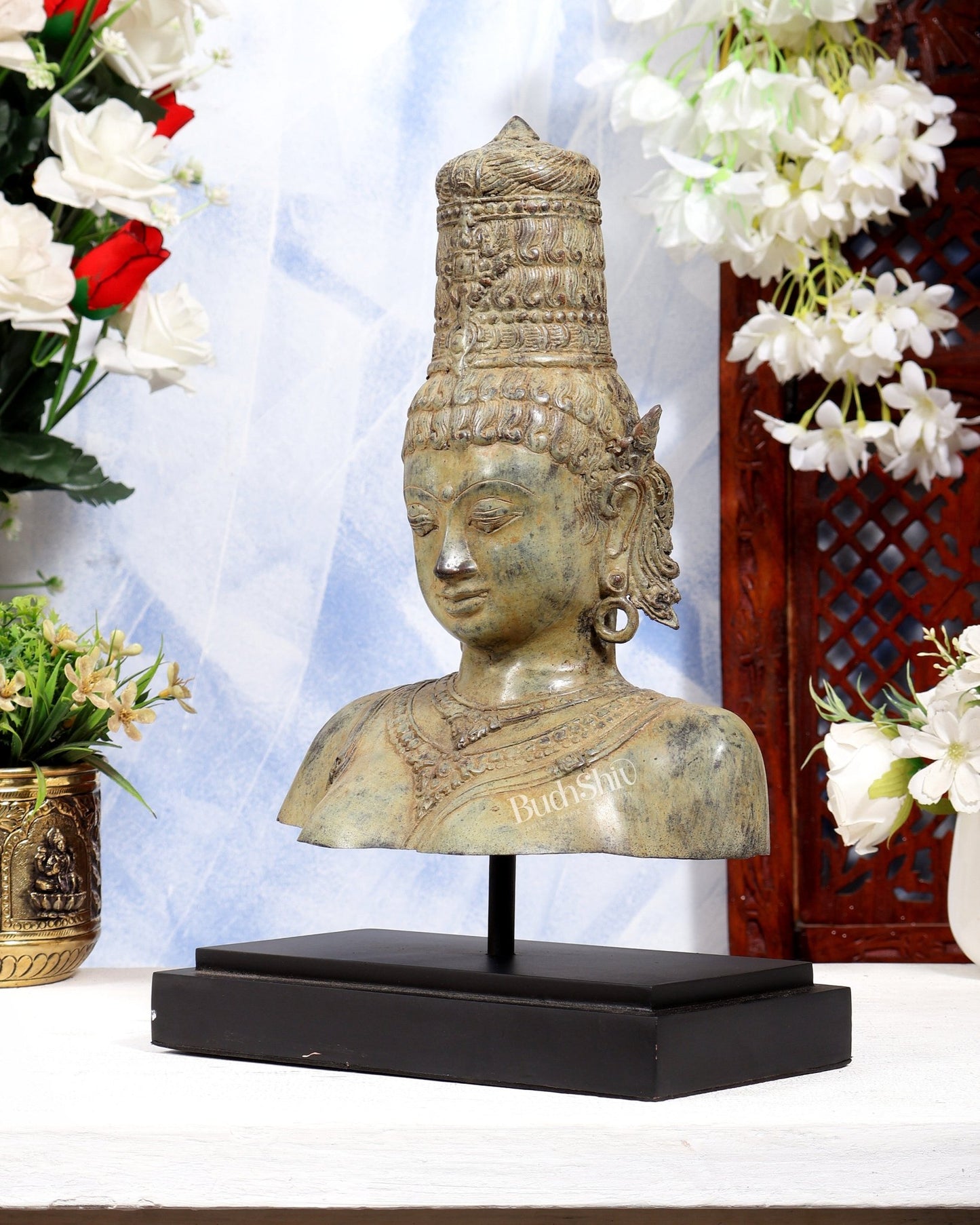 Balinese Bronze Parvati Bust Face Head Statue on Wooden & Metallic Rib Base – Earthen Sand Finish - Budhshiv.com