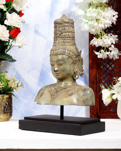 Balinese Bronze Parvati Bust Face Head Statue on Wooden & Metallic Rib Base – Earthen Sand Finish - Budhshiv.com