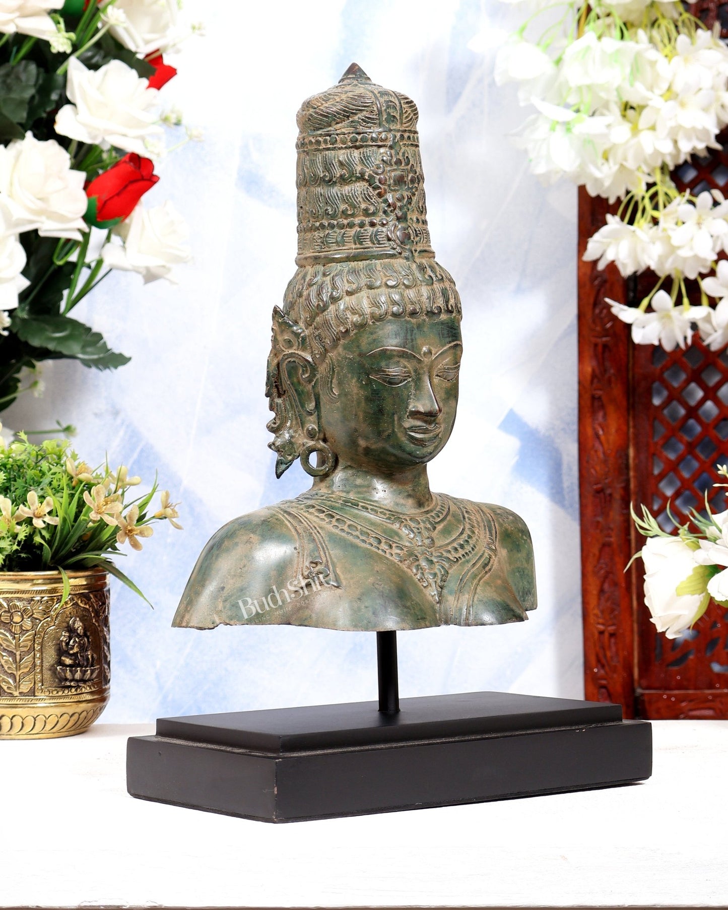 Balinese Bronze Parvati Bust Face Head Statue on Wooden & Metallic Rib Base – Fresh Asiatic Green Patina Tone - Budhshiv.com