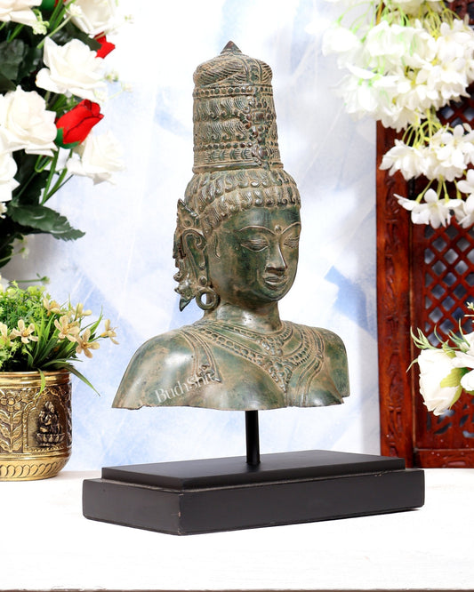 Balinese Bronze Parvati Bust Face Head Statue on Wooden & Metallic Rib Base – Fresh Asiatic Green Patina Tone - Budhshiv.com