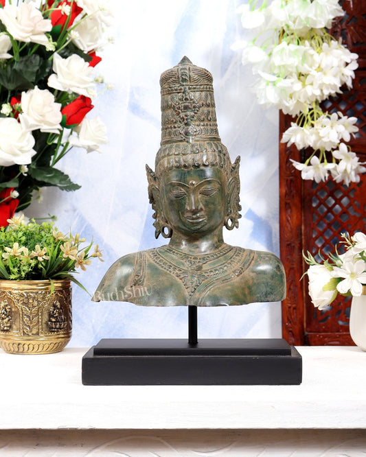 Balinese Bronze Parvati Bust Face Head Statue on Wooden & Metallic Rib Base – Fresh Asiatic Green Patina Tone - Budhshiv.com