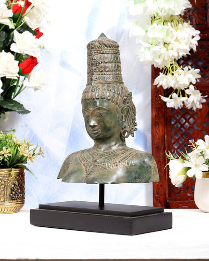 Balinese Bronze Parvati Bust Face Head Statue on Wooden & Metallic Rib Base – Fresh Asiatic Green Patina Tone - Budhshiv.com
