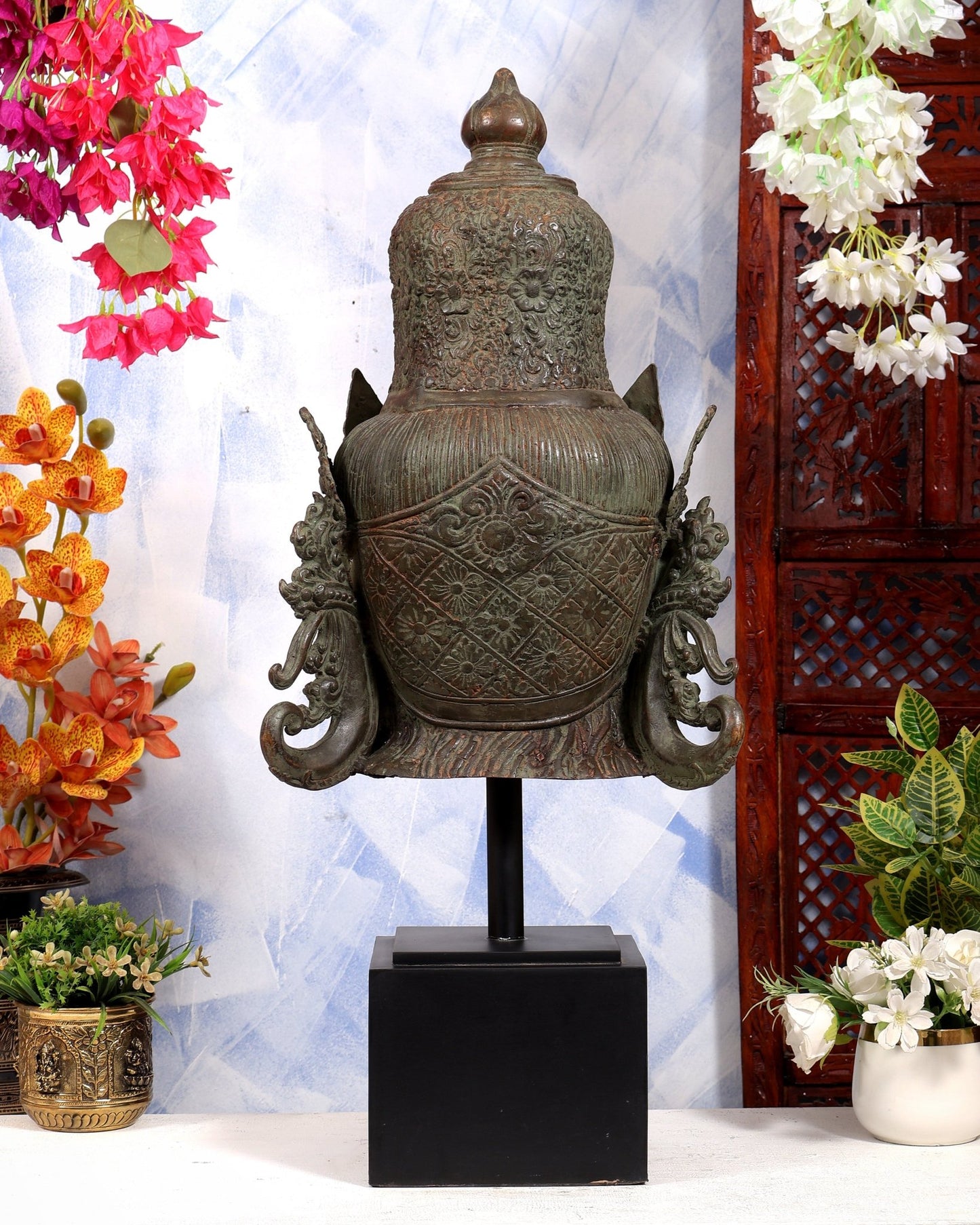 Balinese Bronze Parvati Bust on Wooden Base | 30 Inch Statement Sculpture | Metal Stand Included - Budhshiv.com