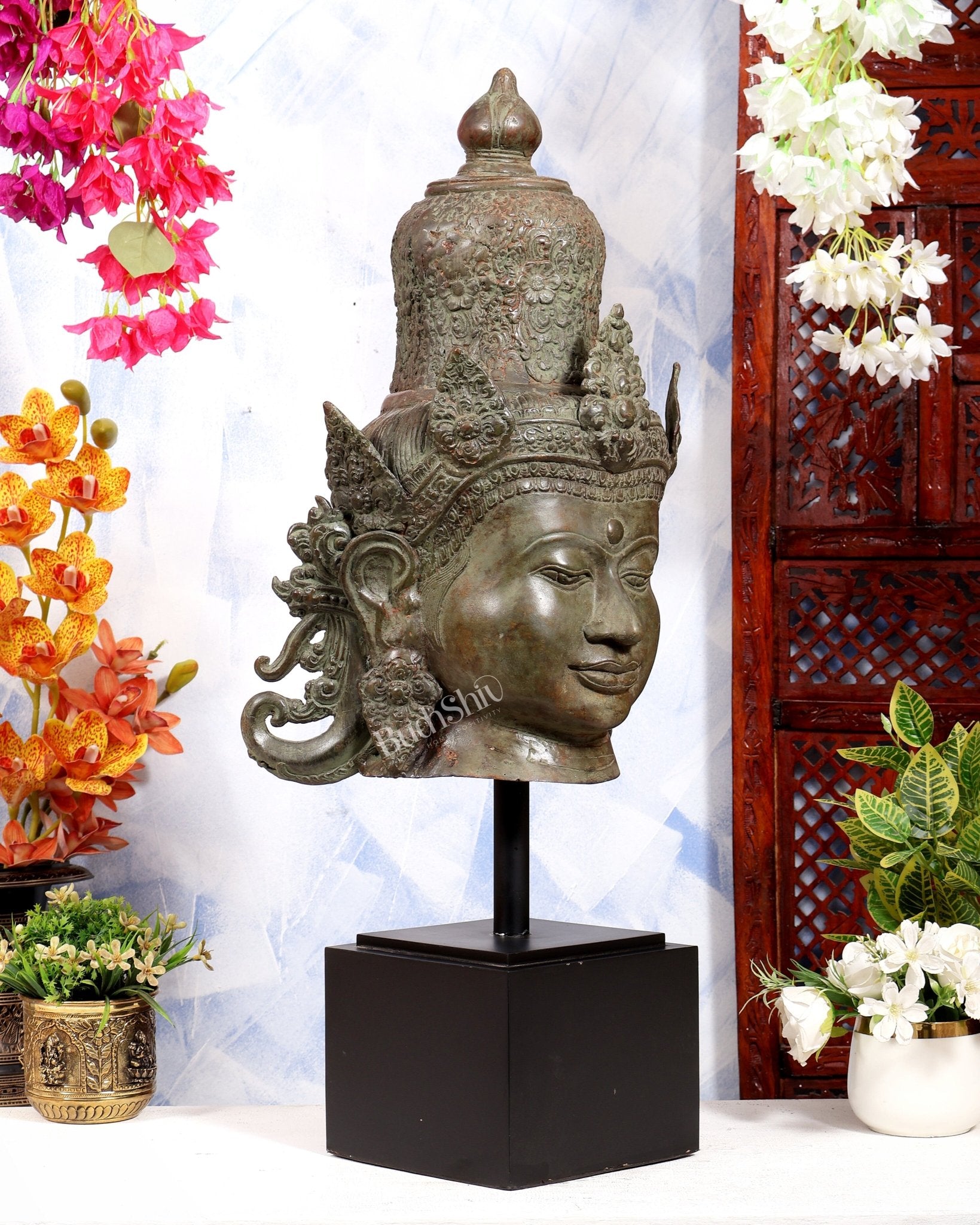 Balinese Bronze Parvati Bust on Wooden Base | 30 Inch Statement Sculpture | Metal Stand Included - Budhshiv.com