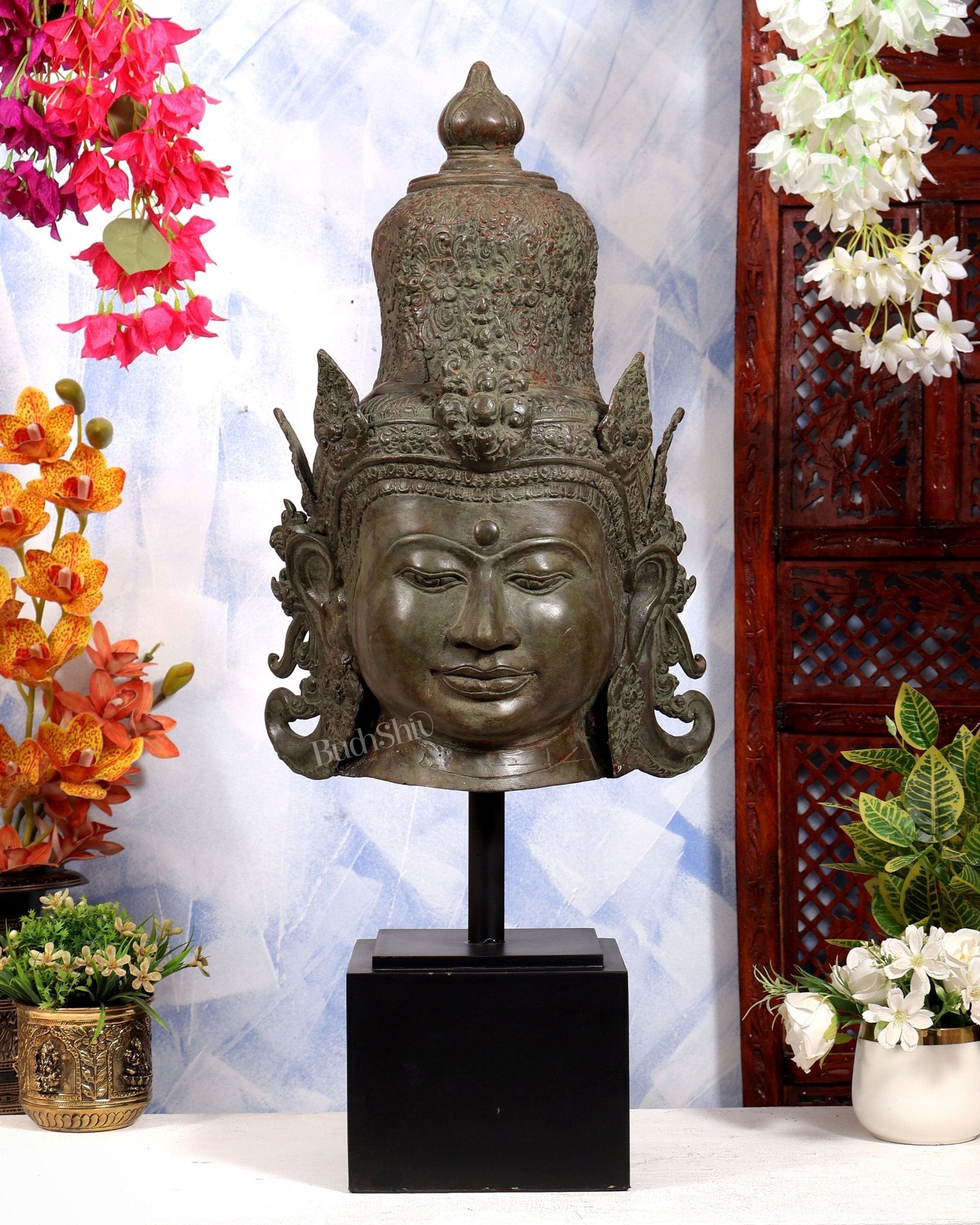 Balinese Bronze Parvati Bust on Wooden Base | 30 Inch Statement Sculpture | Metal Stand Included - Budhshiv.com