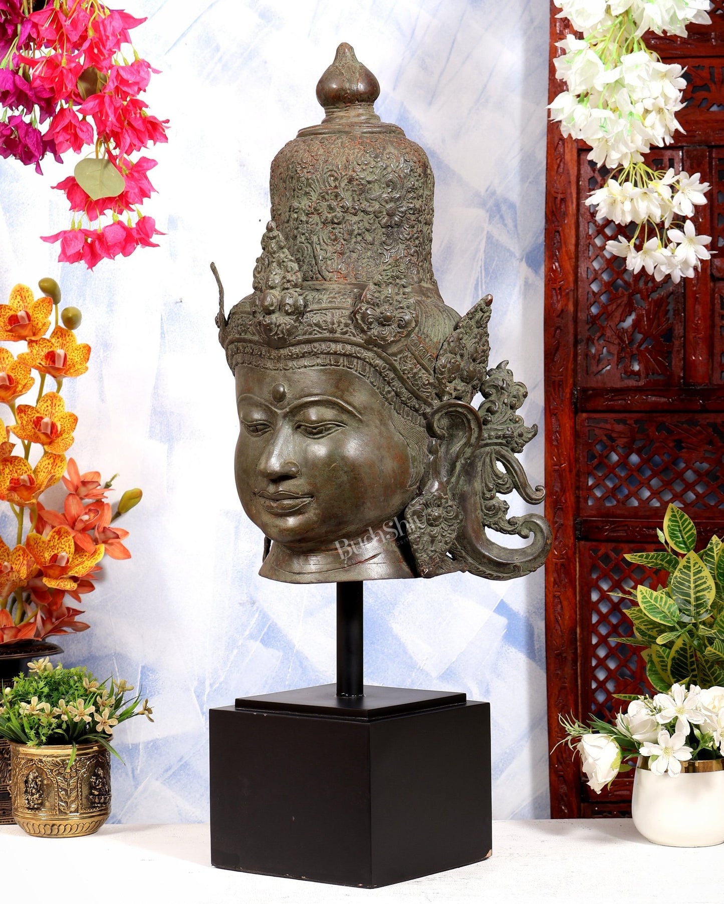 Balinese Bronze Parvati Bust on Wooden Base | 30 Inch Statement Sculpture | Metal Stand Included - Budhshiv.com