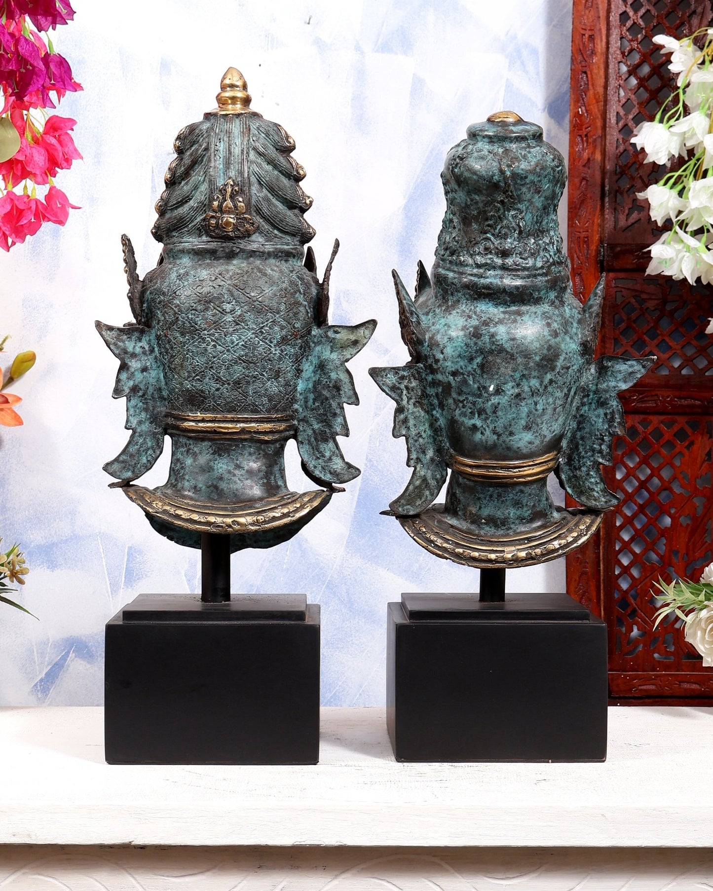 Balinese Bronze Shiva & Parvati Bust Face Sculptures | Divine Pair on Wooden Base | Metal Stand Included 20 inch - Budhshiv.com