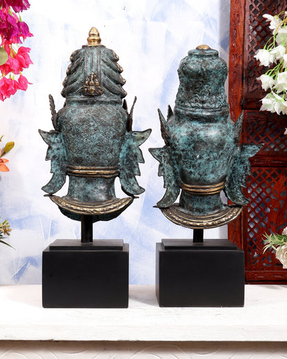 Balinese Bronze Shiva & Parvati Bust Face Sculptures | Divine Pair on Wooden Base | Metal Stand Included 20 inch - Budhshiv.com