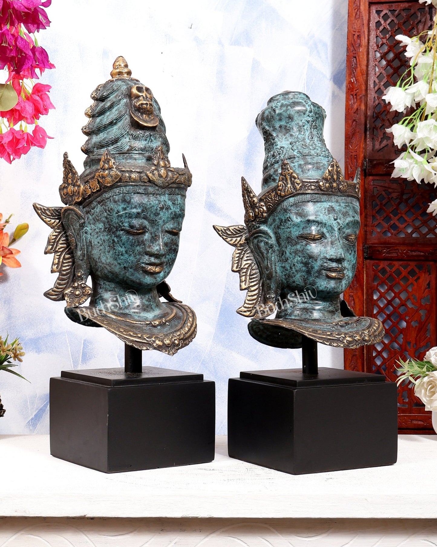 Balinese Bronze Shiva & Parvati Bust Face Sculptures | Divine Pair on Wooden Base | Metal Stand Included 20 inch - Budhshiv.com