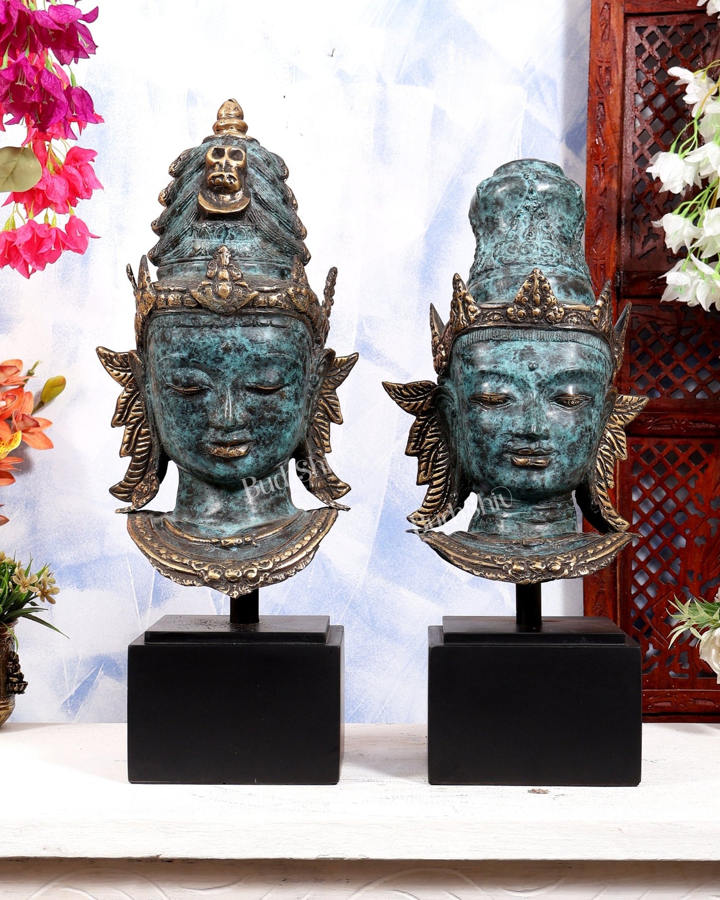Balinese Bronze Shiva & Parvati Bust Face Sculptures | Divine Pair on Wooden Base | Metal Stand Included 20 inch - Budhshiv.com