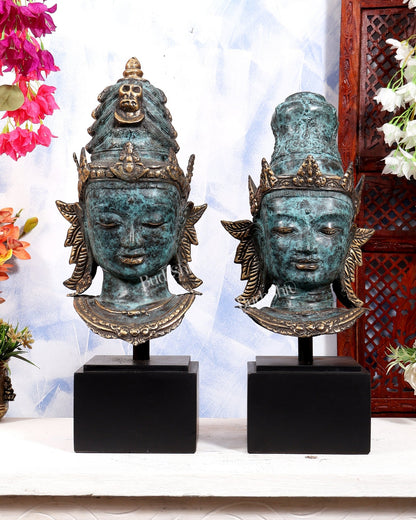 Balinese Bronze Shiva & Parvati Bust Face Sculptures | Divine Pair on Wooden Base | Metal Stand Included 20 inch - Budhshiv.com