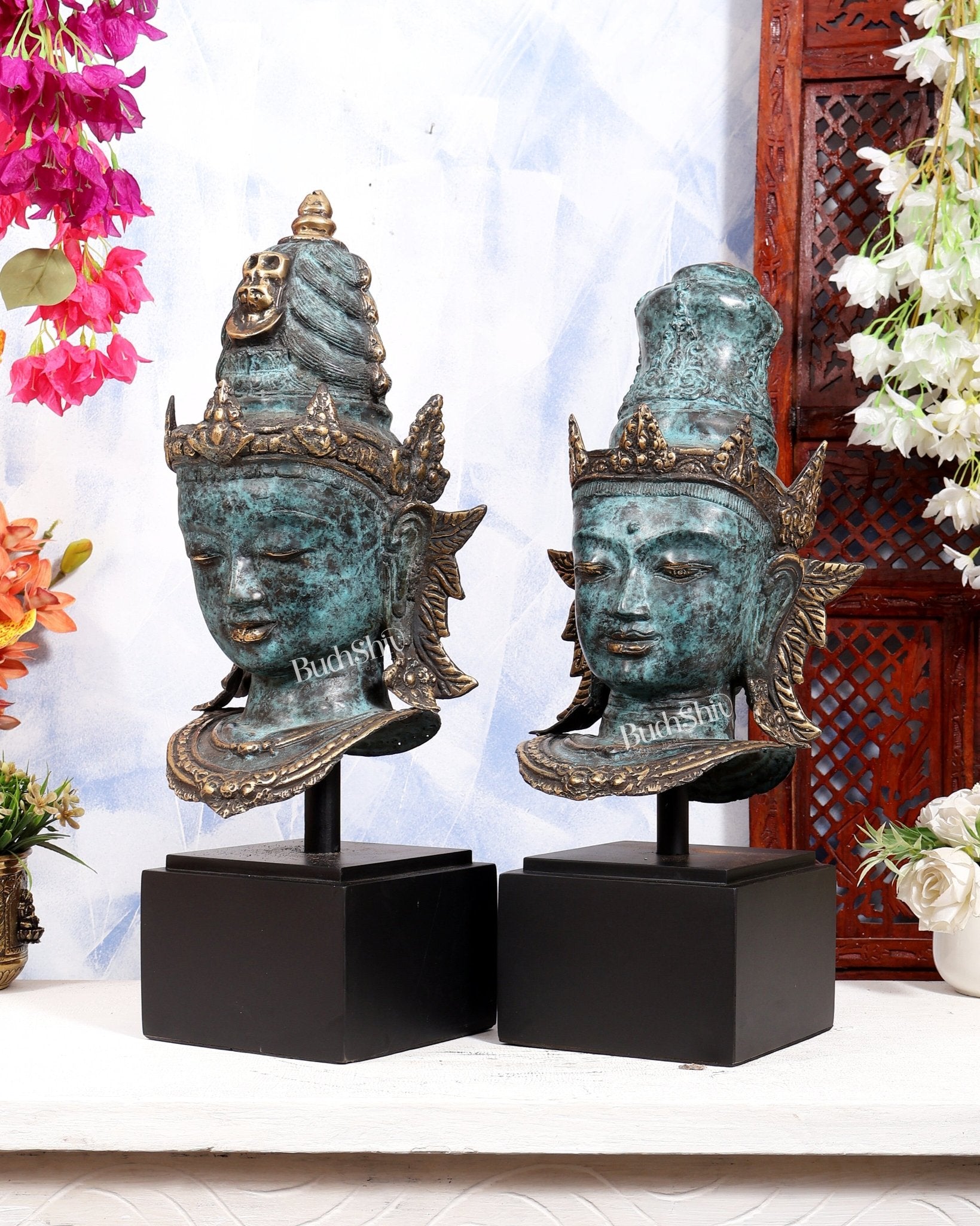 Balinese Bronze Shiva & Parvati Bust Face Sculptures | Divine Pair on Wooden Base | Metal Stand Included 20 inch - Budhshiv.com