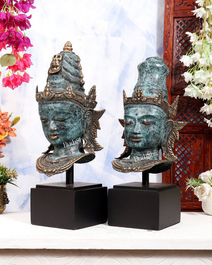 Balinese Bronze Shiva & Parvati Bust Face Sculptures | Divine Pair on Wooden Base | Metal Stand Included 20 inch - Budhshiv.com