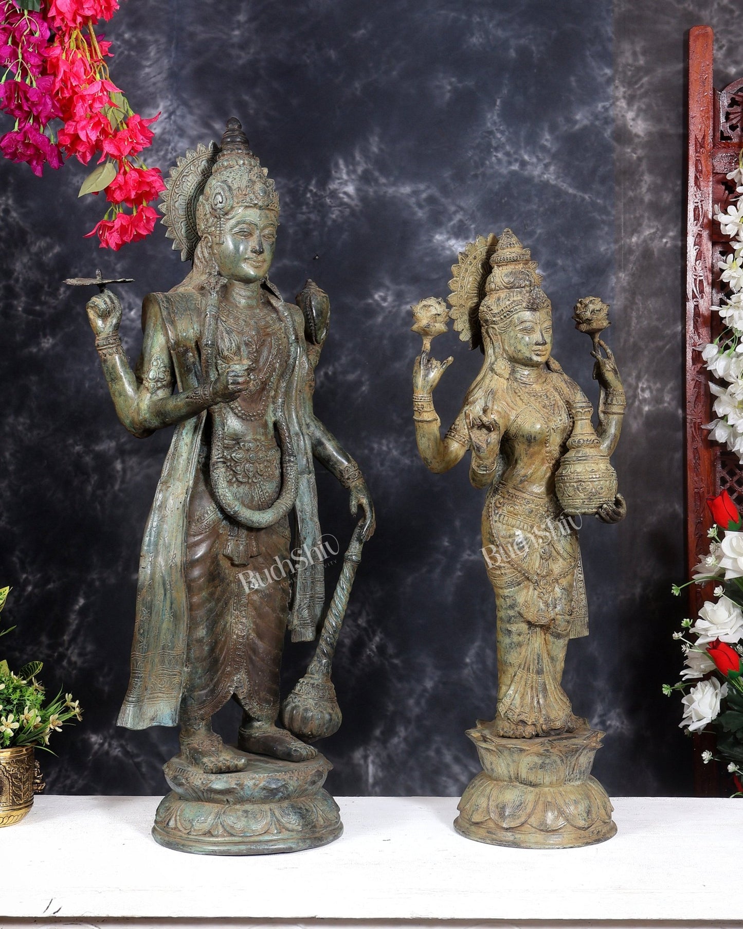 Balinese Bronze Vishnu & Lakshmi Standing Idol Pair 33 inch - Budhshiv.com
