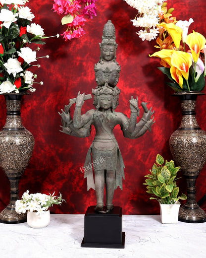 Balinese Bronze Walking Avalokitesvara | 9 Faces & 10 Arms on Wooden Base | 33 Inch Bodhisattva Sculpture - Budhshiv.com