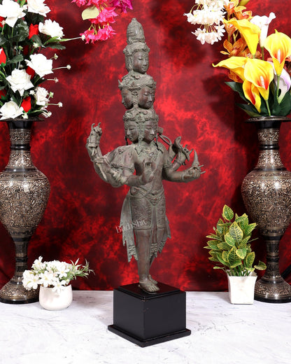 Balinese Bronze Walking Avalokitesvara | 9 Faces & 10 Arms on Wooden Base | 33 Inch Bodhisattva Sculpture - Budhshiv.com