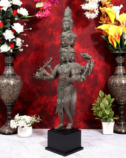 Balinese Bronze Walking Avalokitesvara | 9 Faces & 10 Arms on Wooden Base | 33 Inch Bodhisattva Sculpture - Budhshiv.com