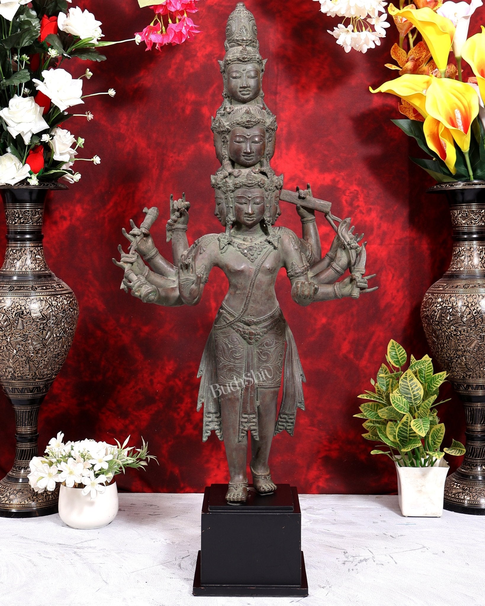 Balinese Bronze Walking Avalokitesvara | 9 Faces & 10 Arms on Wooden Base | 33 Inch Bodhisattva Sculpture - Budhshiv.com
