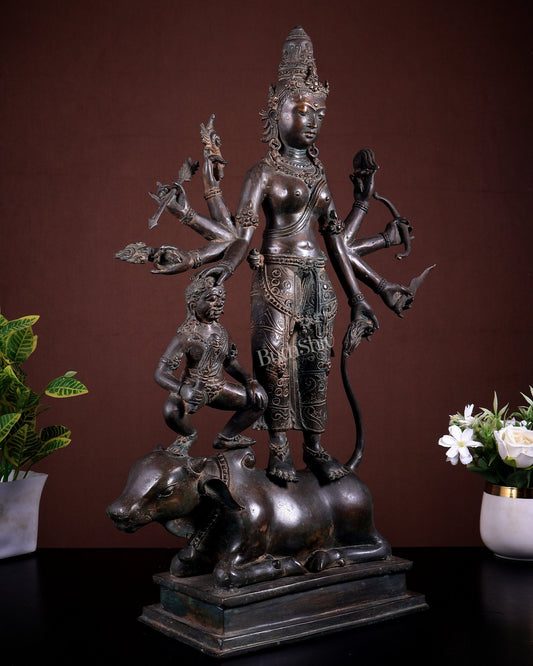 Balinese Durga Mahishasuramardini Statue in Antique Patina – Indonesian Brass Sculpture 22 inch tall - Budhshiv.com