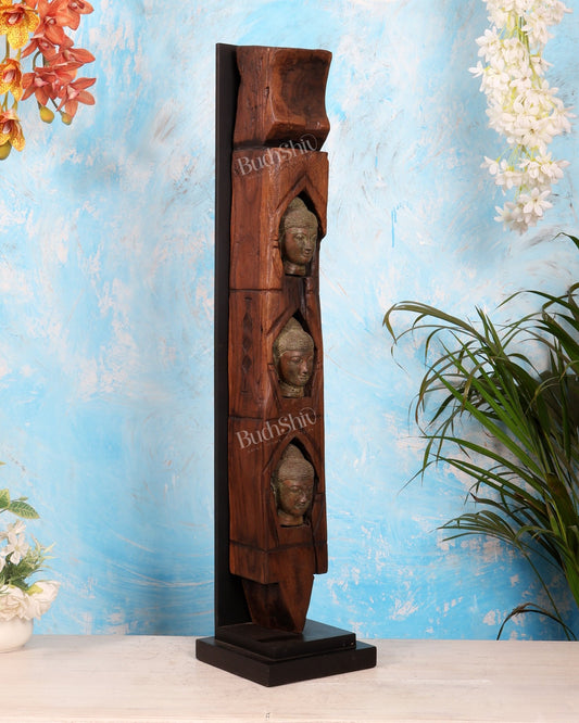 Balinese Wooden Pillar with Triple Bronze Buddha Heads | Luxury Statement Décor Sculpture 32" - Budhshiv.com