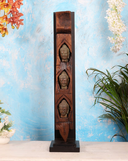 Balinese Wooden Pillar with Triple Bronze Buddha Heads | Luxury Statement Décor Sculpture 32" - Budhshiv.com