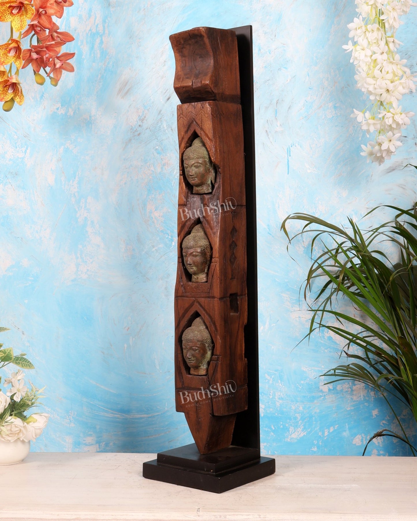 Balinese Wooden Pillar with Triple Bronze Buddha Heads | Luxury Statement Décor Sculpture 32" - Budhshiv.com