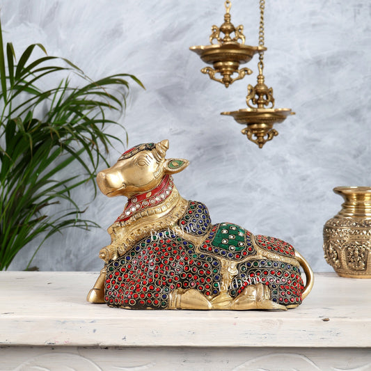 Beautiful Brass Nandi Statue with Intricate Carvings 9.5" with stonework - Budhshiv.com