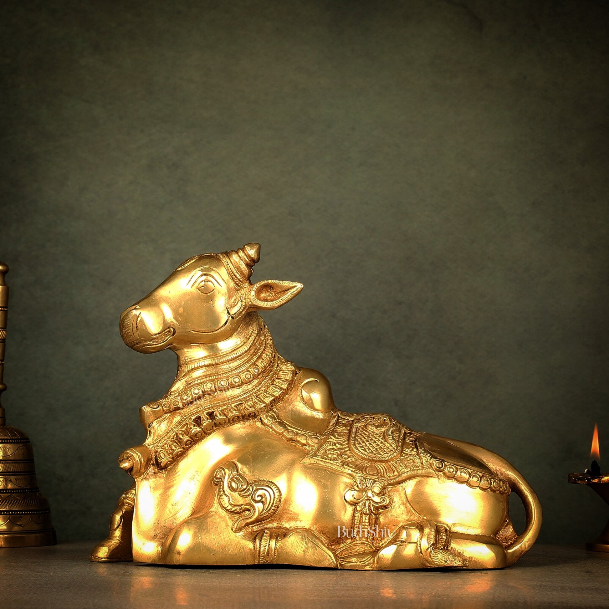 Beautiful Brass Nandi Statue with Intricate Carvings - Budhshiv.com