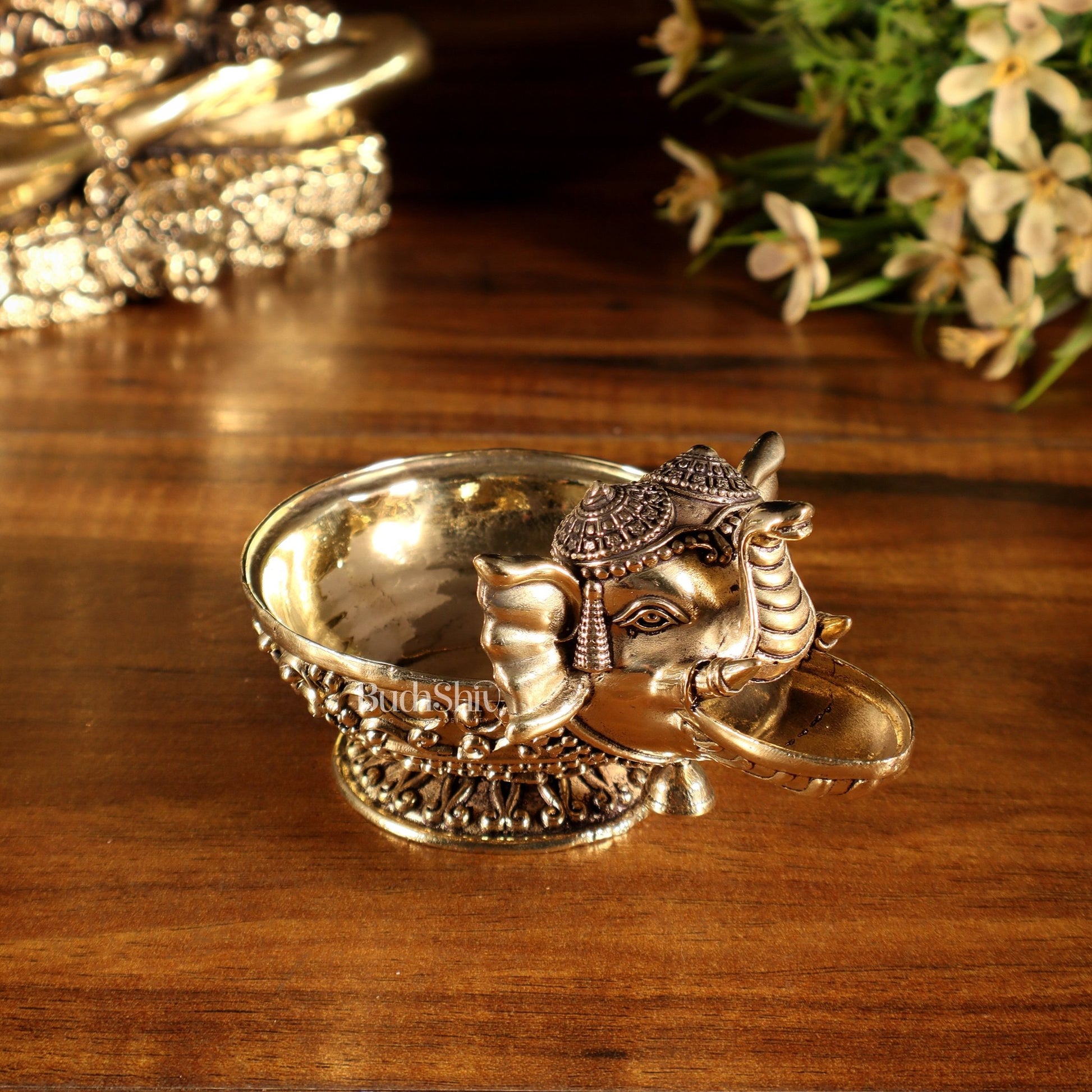 Beautiful Superfine Brass Elephant Face Design Diya – Intricate Carvings - Budhshiv.com
