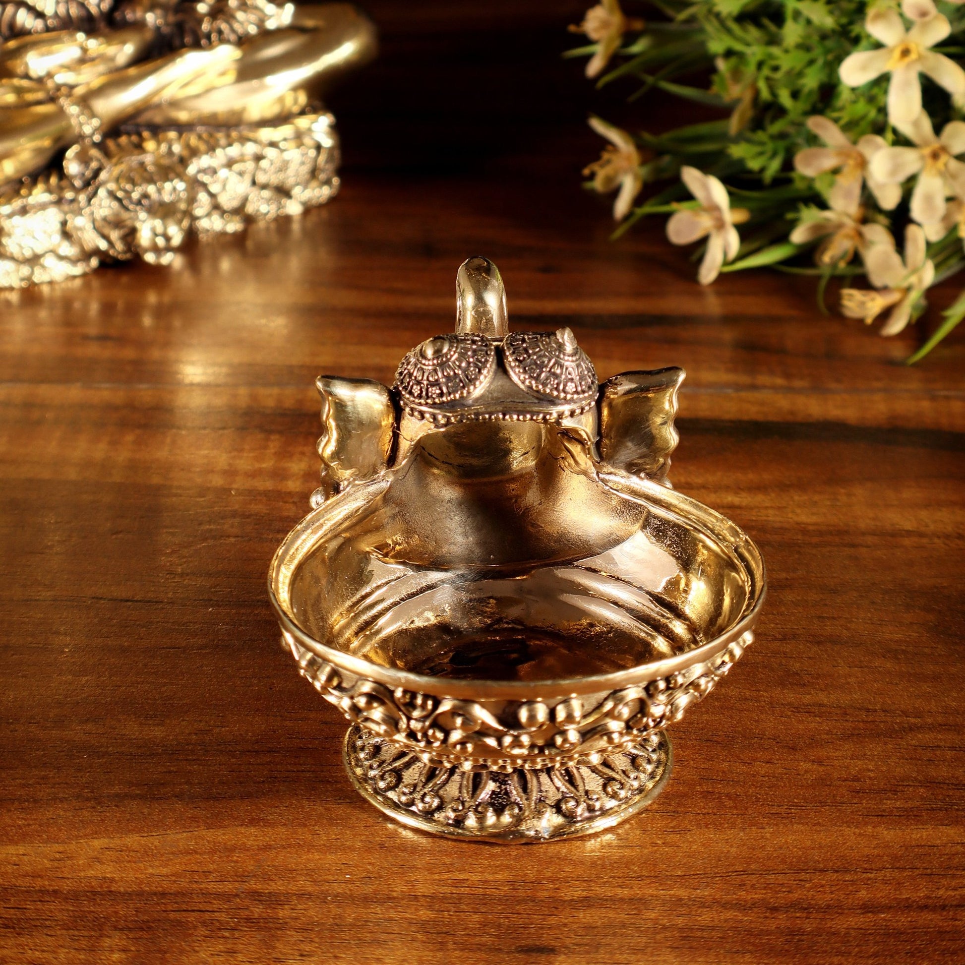 Beautiful Superfine Brass Elephant Face Design Diya – Intricate Carvings - Budhshiv.com