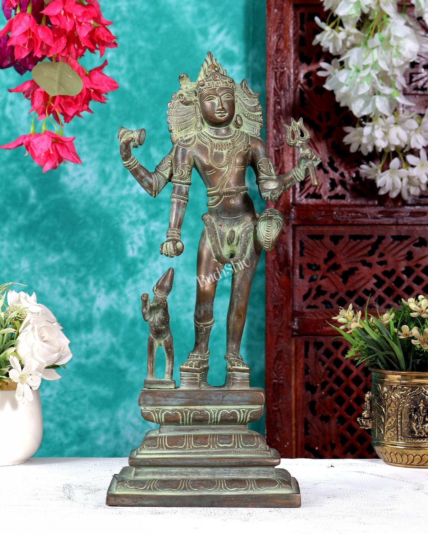 Bhikshasthana Shiva Kaal Bhairava Brass Statue | Height: 14.5 inch Chola Patina - Budhshiv.com