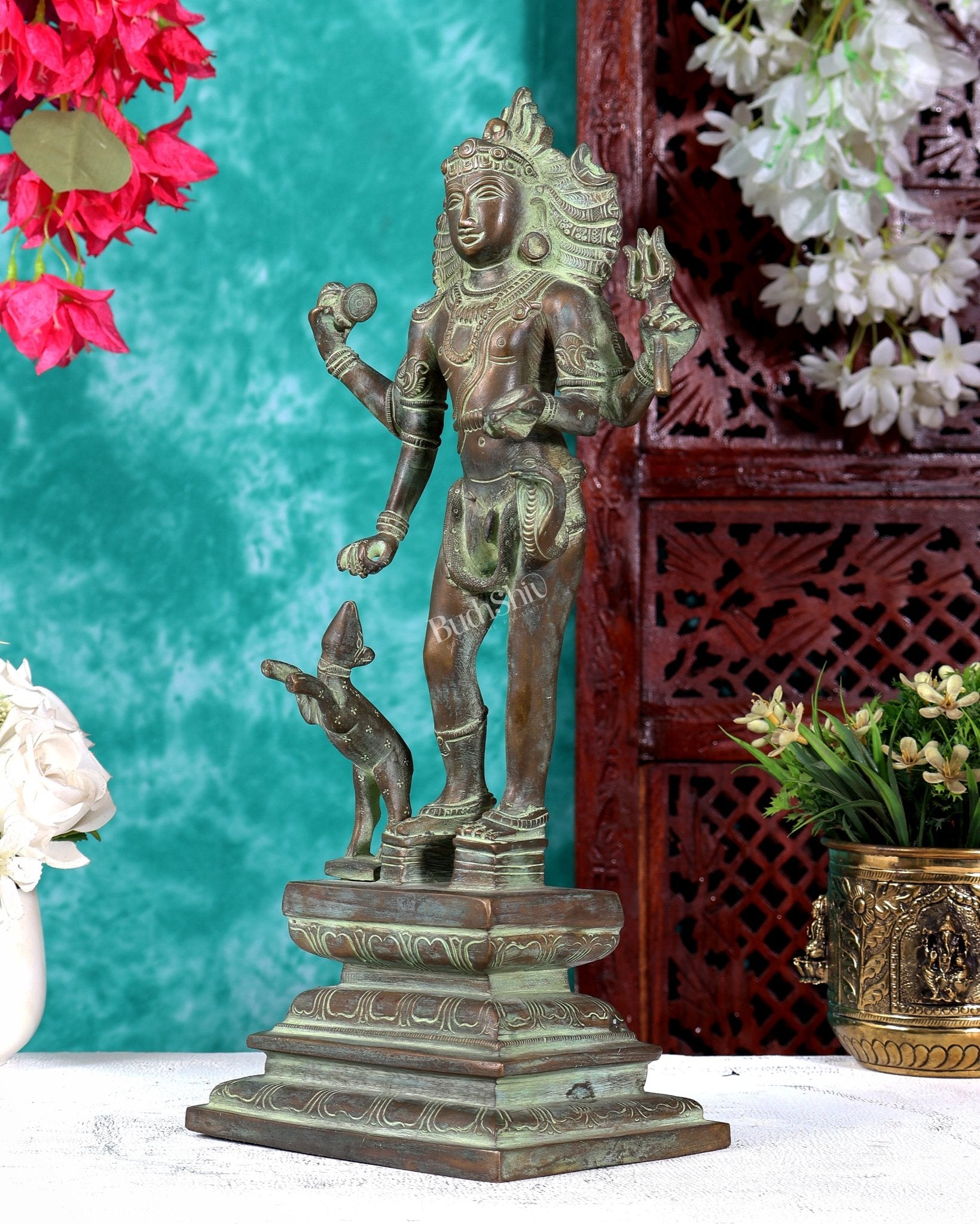 Bhikshasthana Shiva Kaal Bhairava Brass Statue | Height: 14.5 inch Chola Patina - Budhshiv.com
