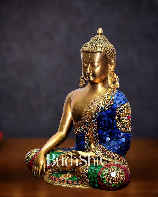 Bhumisparsa Mudra: Buddha Brass Idol with Gemstone Cutwork 12 inch - Budhshiv.com