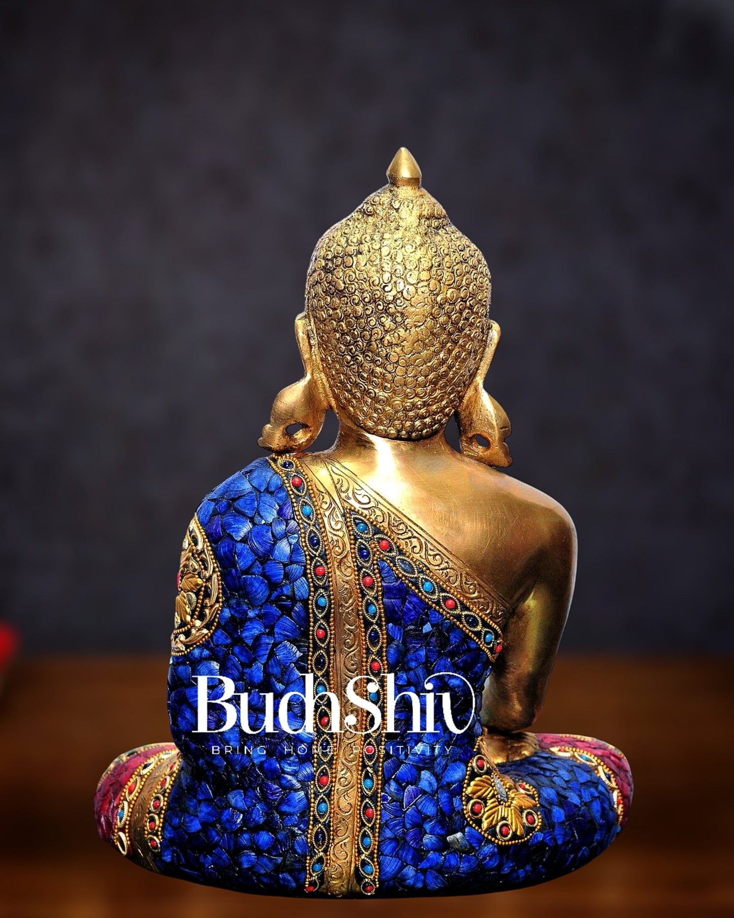 Bhumisparsa Mudra: Buddha Brass Idol with Gemstone Cutwork 12 inch - Budhshiv.com
