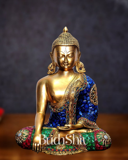 Bhumisparsa Mudra: Buddha Brass Idol with Gemstone Cutwork 12 inch - Budhshiv.com
